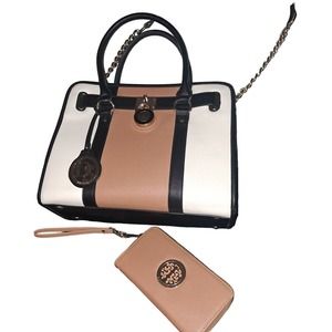 NEW Dasein Large Cream-tan-Black with Gold Accents Purse & matching Wallet
